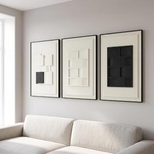 AMAATE 3Pcs 3D Abstract Geometric Sandstone Relief Wall Art Black Framed, 16" x 24" inch