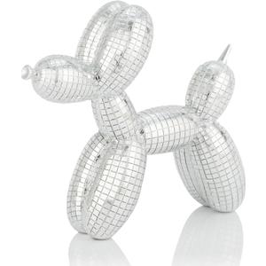 Disco Silver Balloon Dog Sculpture, DJ Table Decoration, Gift for Art and Music Enthusiasts, Disco Electroplated Mirror Finish