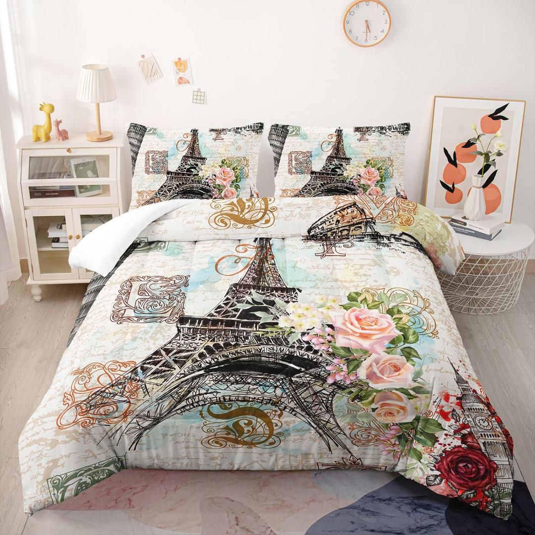 Romantic Eiffel Tower Comforter Set Queen Size for Adults 3Pcs,Retro Style Eiffel and Flowers Bedding Set Soft Comfoter for All Season