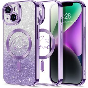 Hython for iPhone 14 Case Glitter, Compatible with MagSafe Love Heart Magnetic Clear Phone Cases for Women Girls, Full Camera Protection Sparkle Plating Shockproof Protective Cover, Deep Purple