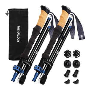 TREKOLOGY Trek-Z Cork Grip Trekking Poles – Lightweight Folding Hiking Poles, Adjustable Height, Compact Travel Design, Aircraft-Grade Aluminum Walking Sticks for Men & Women, Black With Blue