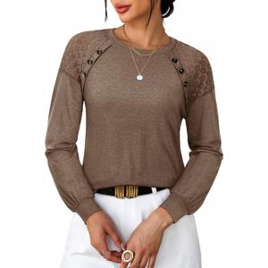 siliteelon Lace Long Sleeve Tops Dress Shirt Women's Crew Neck Loose Dressy Blouse Business Casual Work Summer 2026 Brown (S)