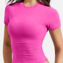 YEOREO Women Fitted Workout Tops Short Sleeve Double Lined Basic Y2K Going Out Crew Neck Compression Crop Top (Pink, M)