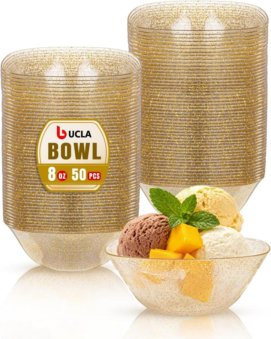 bUCLA 50Pack Gold Glitter Plastic Small Bowls - 8oz Disposable Ice Cream/Salsa/Dipping/Dessert/Sauce/Small Serving Bowls for Party