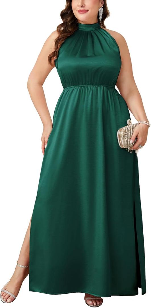 CYCLAMEN Plus Size 0X-4X Satin Halter Neck Dress A-line Maxi Long Dresses Wedding Guest Cocktail Evening Gowns (Green, XXXL)