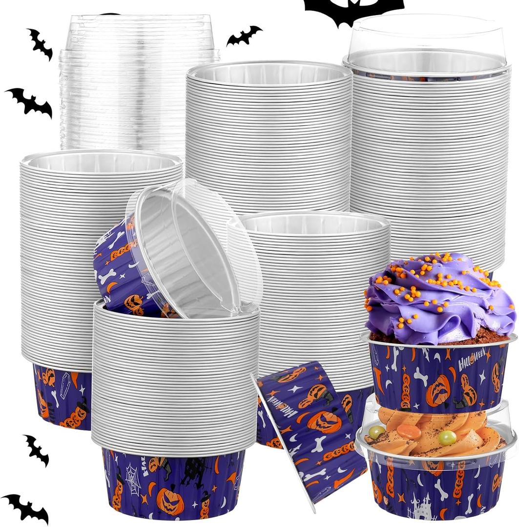 100 Pcs Halloween Mini Aluminum Foil Cupcake Baking Cups with Lids 5 oz Baking Liner Cups Cupcake Containers Pans or Halloween Party Wedding Birthday Party (Round)
