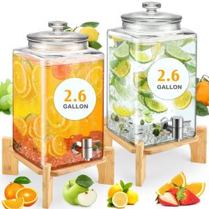 FillTouch 2 Pack 2.6 Gallon Glass Drink Dispensers for Parties Large Water Beverage Dispenser with Wooden Stand and Stainless Steel Spigot Glass Lid for Wedding, Valentine, Lemonade, Juice, Iced Tea