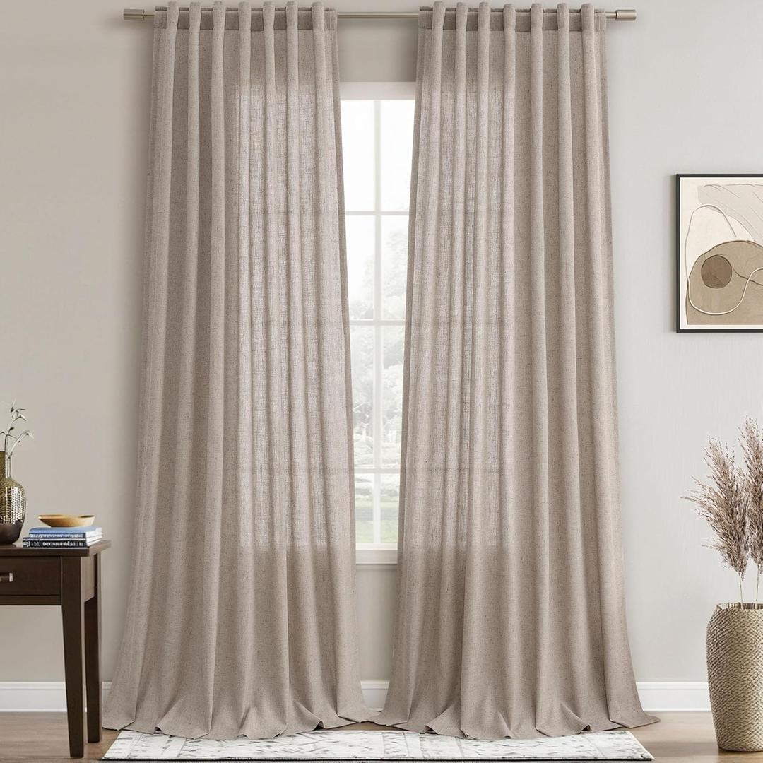 Joywell Beige Tan Linen Semi Sheer Curtains 96 Inches Length Long Rod Pocket Back Tab Hook Belt Clip Rings Window Curtains Drapes for Bedroom Living Room 2 Panels 52x96