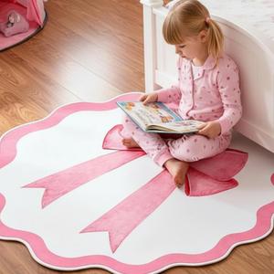 Pink Bow Round Decorative Rug, 4 Ft TPR Circle Accent Mat for Girls' Rooms, Non-Slip Washable Floor Mat for Nursery, Playroom & Bedroom Decor, 3'11"
