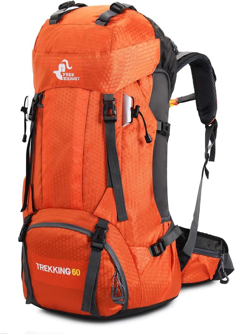 Bseash 60L Waterproof Hiking Camping Backpack with Rain Cover, Large Outdoor Sport Travel Daypack Rucksack for Climbing (Orange)