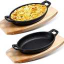 Mifoci 2 Sets Mini Cast Iron Skillet with Wooden Base - Fajita Plates, Baker's Skillet - Matte Black Small Cast Iron Pan for Kitchen, Restaurant, Barbecue Dinner (8.7 x 4.7 x 1.6 Inches)