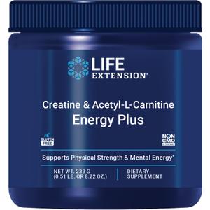 Life Extension Creatine Acetyl-L-Carnitine Energy Plus, Energy Support Supplement, creatine monohydrate, Acetyl-L-carnitine, Gluten-Free, Non-GMO, Vegetarian, 30 Servings (EXP 02/01/28)
