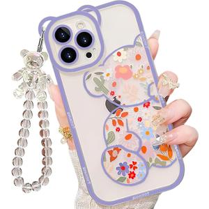for iPhone 12 Pro Case with Cute Flowers Bear Pattern, Camera Protector, Clear Phone Case and Lovely Strap Bracelet Chain, Compatible for iPhone 12 Pro for Girls Women (Blue)