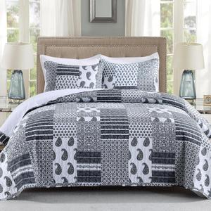 HIARUO Quilt Set Queen Size, 3 Pieces Bedspread Coverlet Plaid Patchwork Quilt Farmhouse Queen Size Comforter Set Lightweight Bedding with 2 Pillow Covers Shams for All Season Gray (Queen (90"x90"), Grey)