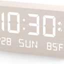 Wooden Digital Alarm Clock for Bedroom - Desk Clock with Date, Day of Week, Temperature, Dual Alarms, Dimmer, USB Port Charge, DST, Adjustable Volume for Living Room/Office Wood Decor (White)