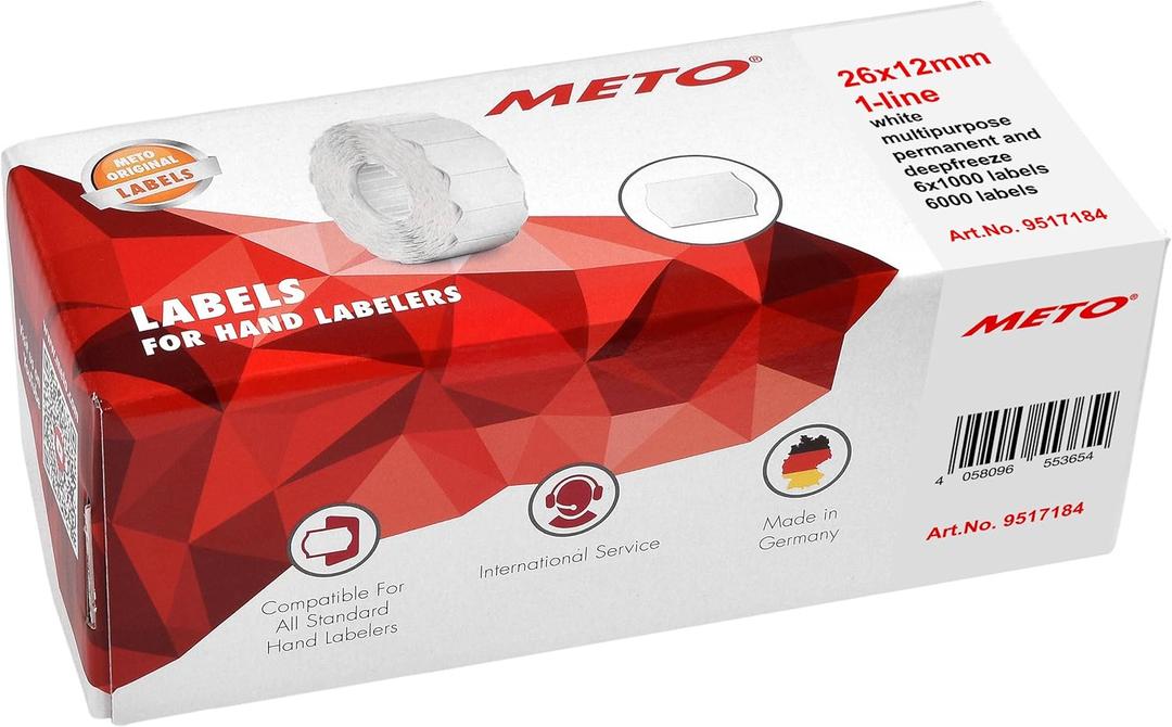 Meto Price Gun Labels (2612 mm, Single-line, 6,000 Labels, White, Multifunctional Permanent and deep-Freeze, for METO, Contact, Sato, Avery, Tovel, etc.)