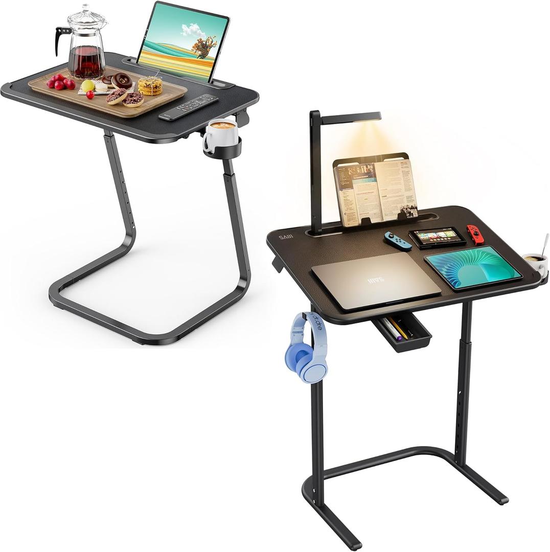 SAIJI Home Office Desk with Lamp,25.6"*17.7" Heavy Duty Home Office Table for Small Space, Tilt & Height Adjustable Home Work, Study, Writing Desk,TV Tray, Couch Side Table, Bedside Table