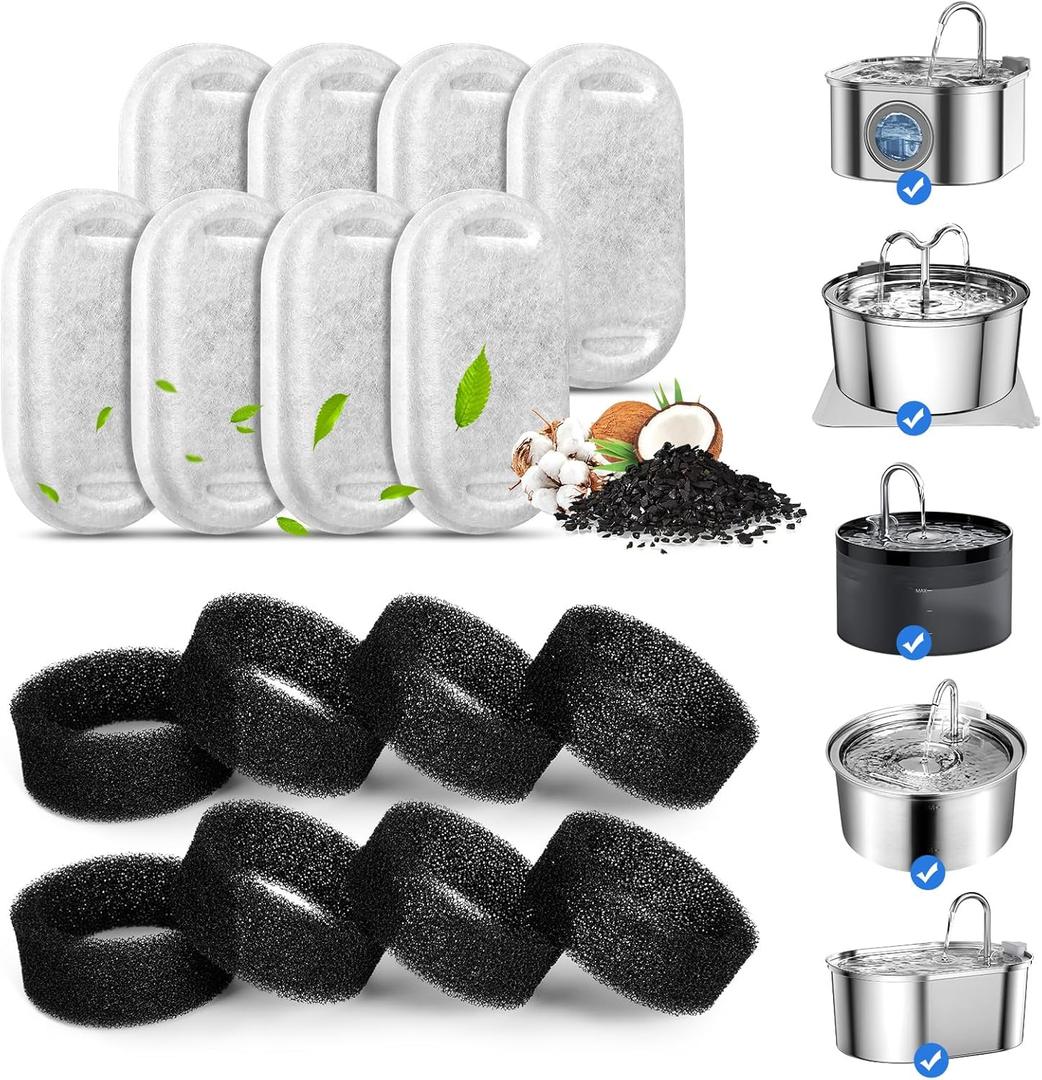 Cat Water Fountain Filters for 108/3.2L& 67oz/2L Stainless Steel Cat Fountain-Pet Water Dispenser, Replacement Filters for Pet Drinking Fountain(8 Filters&8 Sponges)
