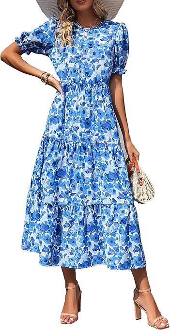 PRETTYGARDEN Summer Dresses for Women 2026 Casual Floral Boho Midi Sun Dress Puff Short Sleeve Flowy Beach Vacation Sundress (X-Large, Blue Apricot)