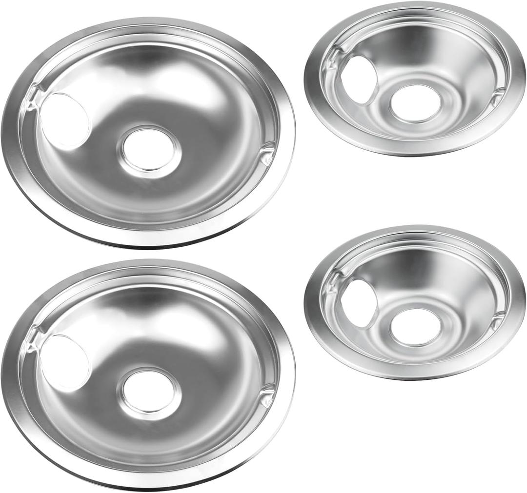 4 Pack (2) 6" & (2) 8" Electric Stove Burner Covers, Drip Chrome Pan Set Replacement for GE/Hotpoint WB31T10010 and WB31T10011