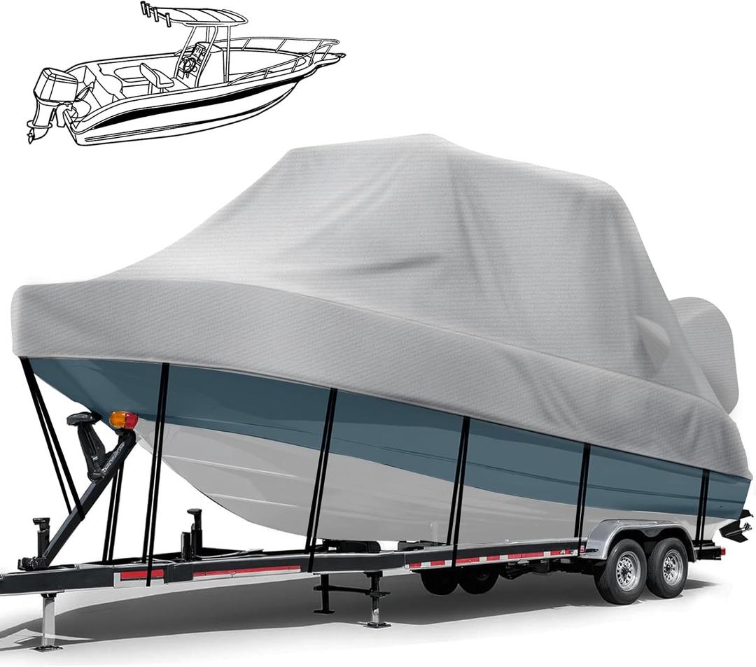 1200D Heavy Duty T Top Boat Cover, 22-24ft Trailerable Waterproof Center Console Boat with T TOP Roof, T-Top/Hard Top Boat Cover with Motor Cover, Beam Width Up to 106", Grey