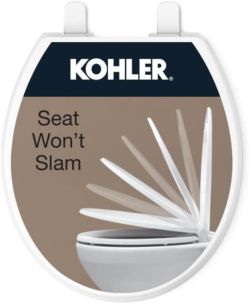 KOHLER 20111-0 Brevia, Slow Close Toilet Seat, Round Toilet Seat, Grip-Tight Bumpers Quick-Attach Hardware, White