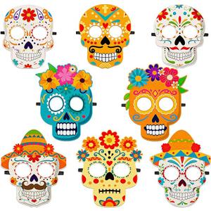 8PCS Dia De Los Muertos Masks - Halloween Felt Sugar Skull Crafts for Kids Adults, Day of The Dead Costume Accessories Decorations Classroom Activities Party Favors 
