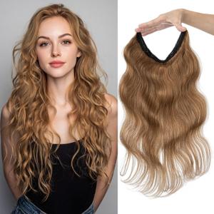 Halo Hair Extensions Real Human Hair Invisible Wire Extensions with Transparent Fish Line Wavy Curly Halo Clip in Human Hairpieces Light Brown 14 Inch