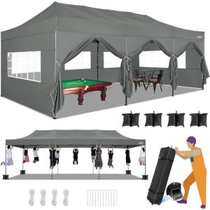 COBIZI 10x30 Heavy Duty Pop up Canopy with 8 sidewalls Stable Wedding Outdoor Tents for Parties Canopy Pop Up Party Tent UPF 50+ Waterproof Commercial Gazebo with Roller Bag, Gray Upgraded (Light Grey)