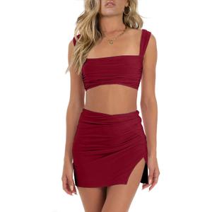 CSDAJIO Summer 2 Piece Outfits for Women Sleeveless Square Neck Crop Top Ruched Strappy Tank and Bodycon Mini Skirt (Medium, Burgundy)
