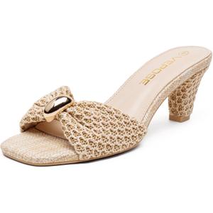 Vepose Women's Woven Mule Heels Square Open Toe Sandals | Dressy summer sandals with 2.8 in flared block heel, slip-on fit, rubber sole, office, vacation, and weekend 8.5