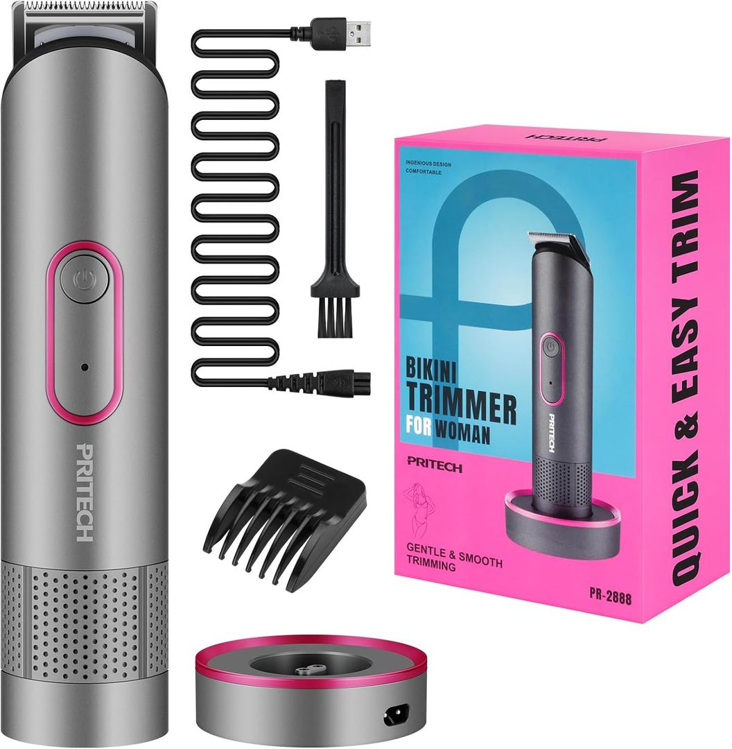 PRITECH Pubic Hair Trimmer Women - Rechargeable Bikini Trimmer for Women Pubic Hair, Wet&Dry Use, Pain-Free Electric Razor&Shaver with Standing Recharge Dock, Ideal Gift, Slate Grey