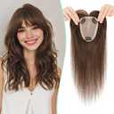 Benehair 100% Remy Human Hair Toppers for Women, 9 * 12CM Silk Base Hairpieces With Bangs 150% Density for Thinning Hair Chocolate Brown 10 Inch