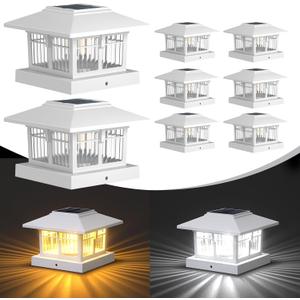 EXCMARK 4x4 Solar Post Cap Lights, 8 Pack Fence Deck Post Lights Outdoor Solar Powered Waterproof with Two Light Modes Warm&Cool White for Garden Patio Decor. (Classic White, 8)