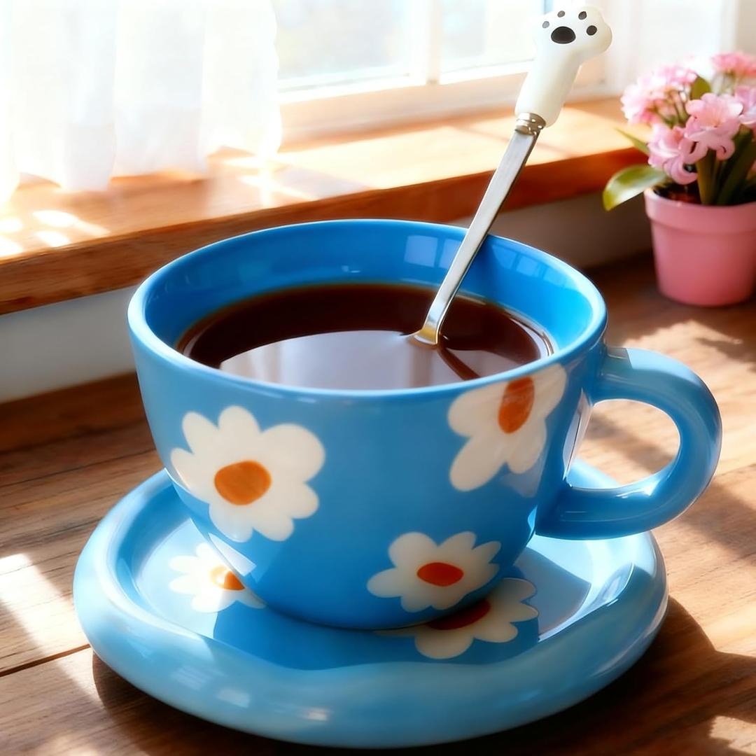 Coffee Mugs Set with Saucer Blue Flowers Cup Gifts for Women Birthday Tea Coffee Mug with Coaster 250 ML Ceramic Cup Birthday Gift for Women Girls Mom Friend Coffee Mug aucer Set