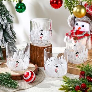 4 Pcs Christmas Icon Glass Cups 12 oz Snowman Drinking Glassware Wine Stemless Double Old Fashioned Blown Cocktail Cups for Women Friends Lovely Christmas Gifts