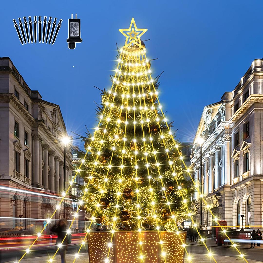 Christmas Tree Decorations, 16.4FT 350 LEDs Star String Lights, Waterfall Lights with Tree Topper, 8 Modes & Timer Outdoor Lights for Outdoor Holiday Decorations Party New Year Holiday (Warm White)
