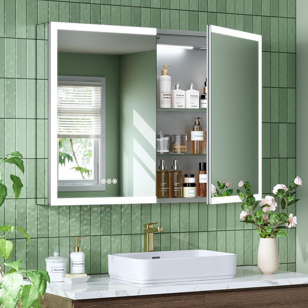 40x30 Inch Medicine Cabinet with Lights, AL Alloy Frame, Plug-in or Hardwired, Recessed or Wall Mount, Mirror Doors/3 Colors/Dimmable/Interior Sensor Light/Defog,2 Outlets & USBs,2 Shelves