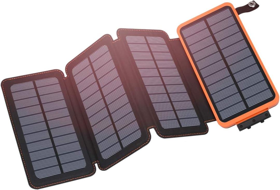 Hiluckey Solar Charger 25000mAh, Outdoor USB C Portable Power Bank with 4 Solar Panels, 3A Fast Charge External Battery Pack with 3 USB Outputs Compatible with Smartphones, Tablets, etc. (Orange)