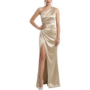 Womens Satin One-Shoulder Ruched High Slit Elegant Bodycon Maxi Evening Prom Gown Sexy Formal Dress, Champagne, Small