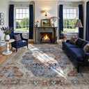 Deerly Rug 8x10 Area Rug Boho Washable Rug Large Rugs for Bedroom Living Room Vintage Non-Slip Oriental Distressed Carpet Indoor Stain Resistant(Border Brown/Navy Blue)