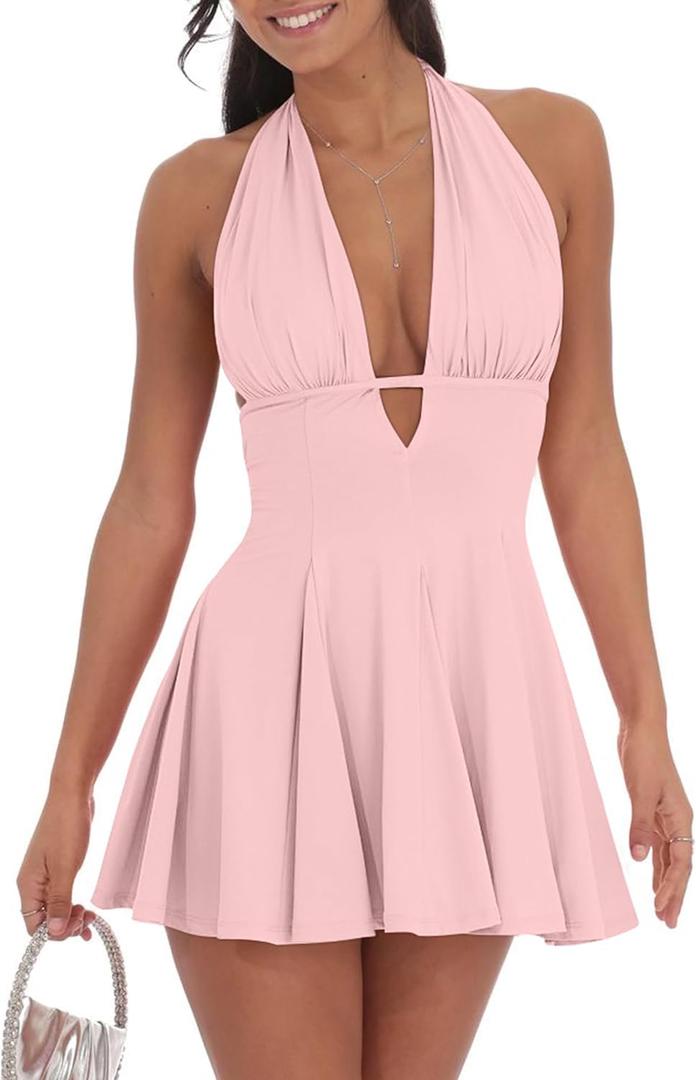 BEAGIMEG Women's Sexy Bodycon Sleeveless Halter Tie up Back Backless Deep V A-line Club Party Mini Dress (Pink) Large
