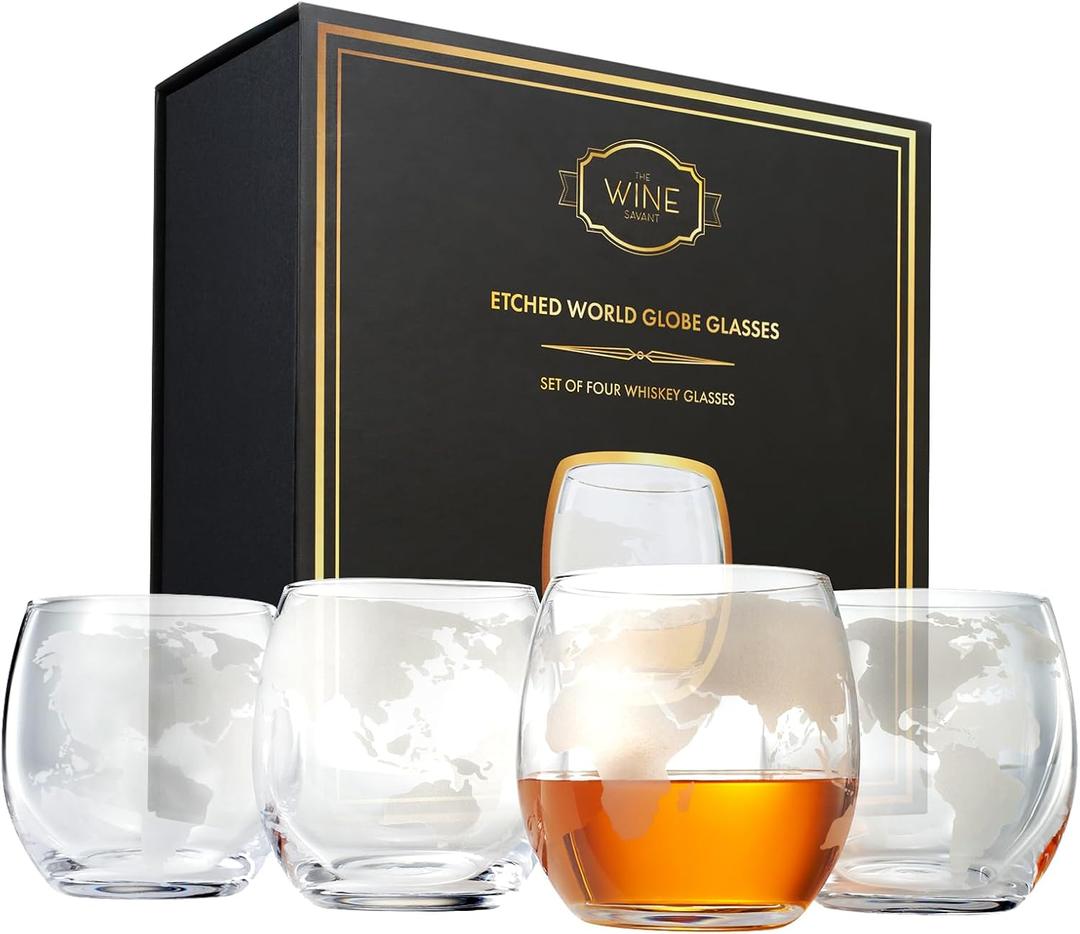 The Wine Savant Etched World Globe Glasses 10 oz -Set of 4, Wine, Whiskey, Scotch, Vodka Water or Juice Old Fashion Glass, World Glasses Etched Globe