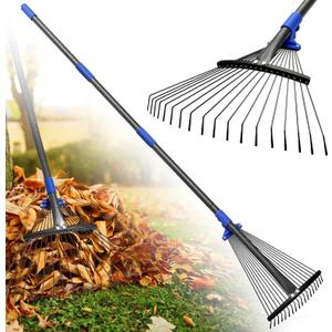 Rake for Leaves: Adjustable Metal Leaf Rake for Lawn, 8-17" Expandable Head, 45 Long Handle,Collapsible Heavy Duty Women Kids Garden Rakes for Yard Pine Needles Mulch Grass Debris Gardening Camping