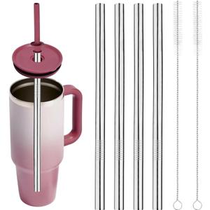 4pcs Stainless Steel Straw Replacement Compatible with Hydroflask Travel Tumbler Cup 40oz, Part Accessories for Hydro Flask Bottle 40oz with 2 Straw Cleaner Brush Reusable Metal Straws