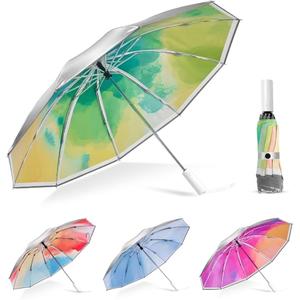 Inverted Sun Umbrella with UV Protection UPF 50+, Auto Open Close Compact Travel Umbrella, Silver Cooling Coating for Heat Insulation, Windproof Reverse Folding Umbrella for Rain & Sun (Aurora Green)