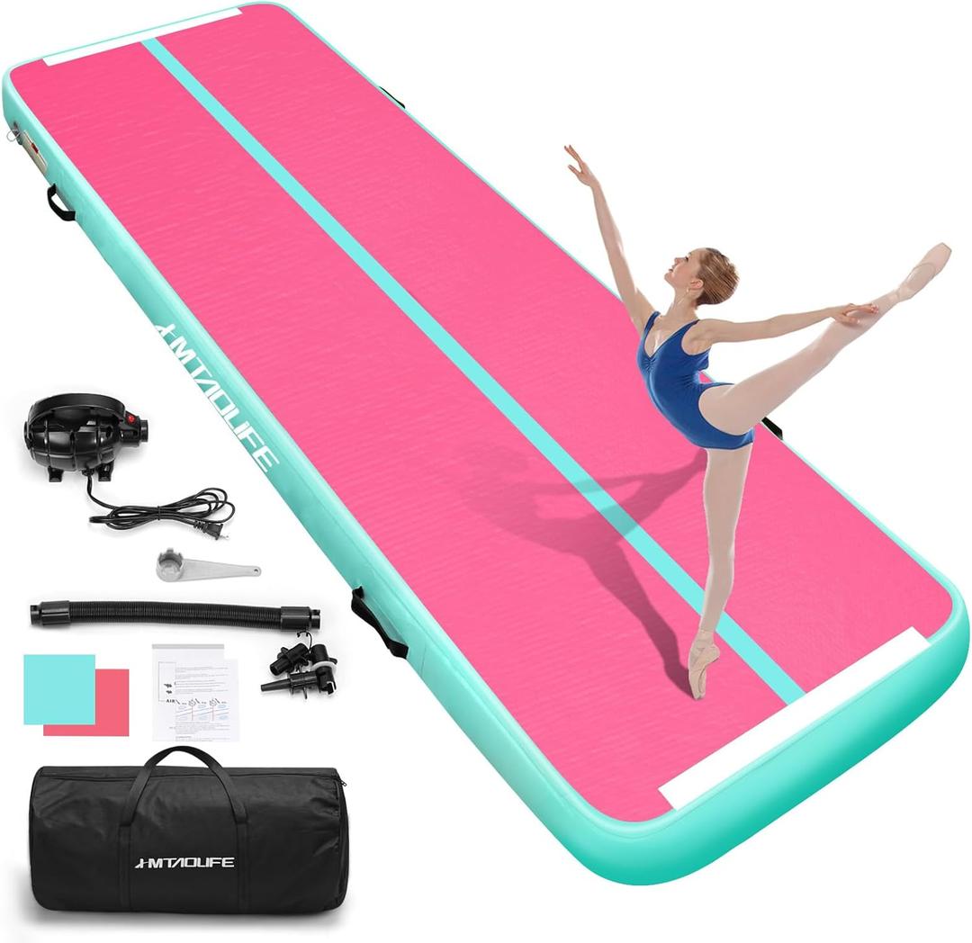 Inflatable Air Gymnastics Mat Tumble Track, 6.6/10/13/16/20ft Tumbling Mat Air Tumbling Track, Air Training Mat with Air Pump for Home/Water Fun/Gym/Yoga/Training/Cheerleading (Mintgreen/Pink)