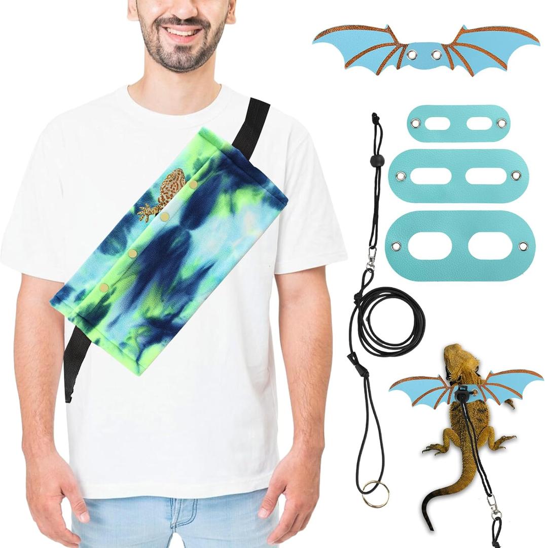 Bearded Dragon Carrier and Leash Harness with Wings, Small Animal Sling Carrier and Reptile Carrier, Lizard Adjustable Harness and Sling Bag for Outdoor Travel Walking Rest