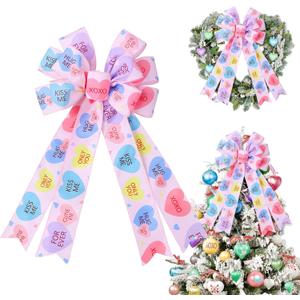 Liliful Valentine's Day Tree Topper Bows Pink Candy Heart Wreath Bow Decoration Gift Conversation Heart Topper Bows for Front Door Holiday Wreath Wedding Party Wall Home Outdoor Decor