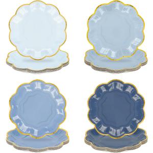 Dusty Blue Party Plates Gradient Blue Dessert Paper Plates 7inch Gold Foil Scalloped Edge Disposable Cake Plates for Tea Party Birthday Bridal Baby Shower Wedding Party Supplies (48)